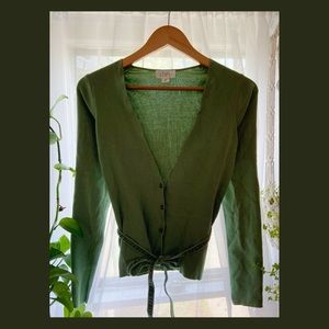 Fitted and Cropped Green Button Down Cardigan with Tie Waist
